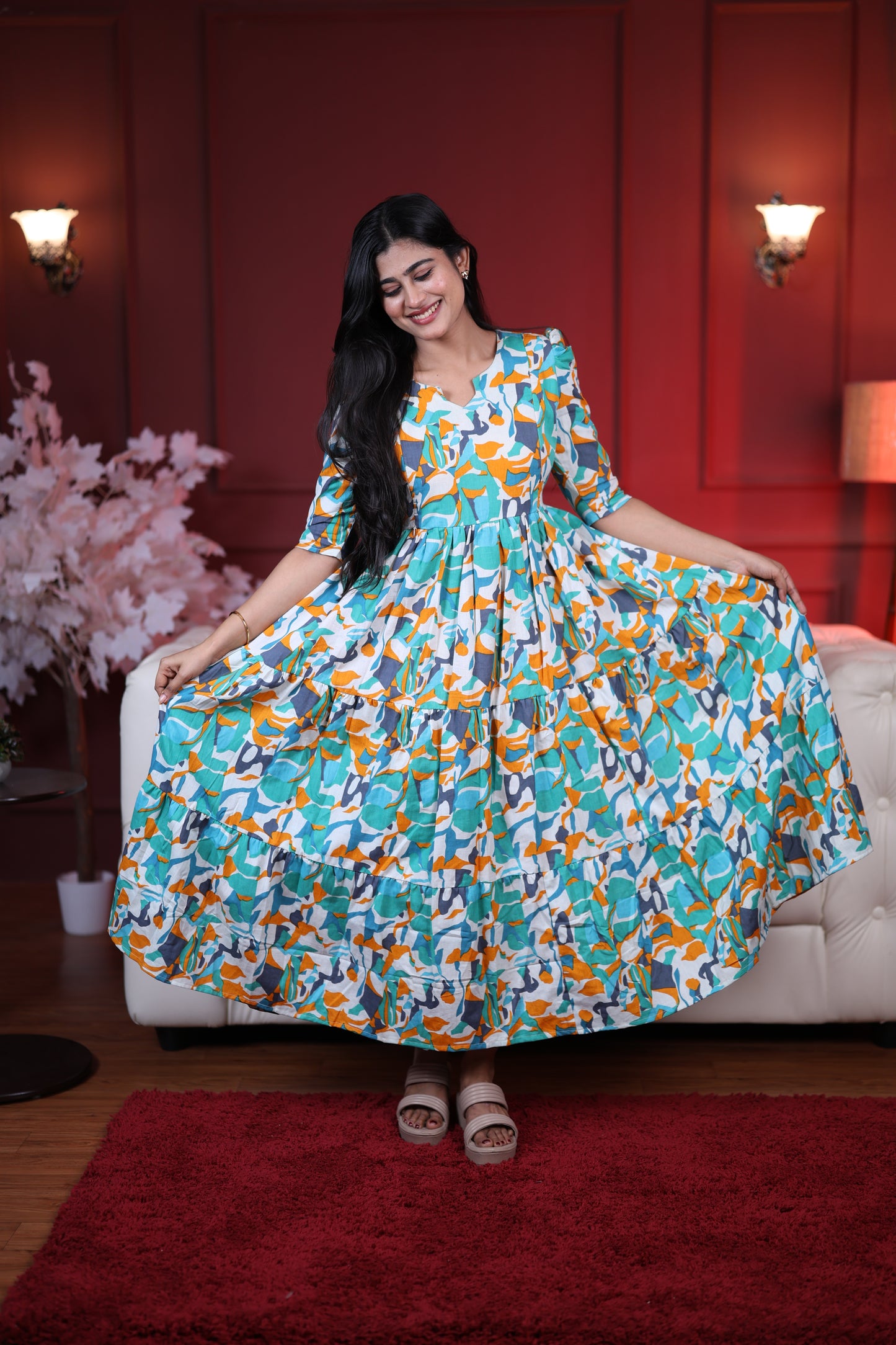 Premium Cotton Printed 3-Tier Maxi Dress | Size M-3XL | Feeding/Non-Feeding