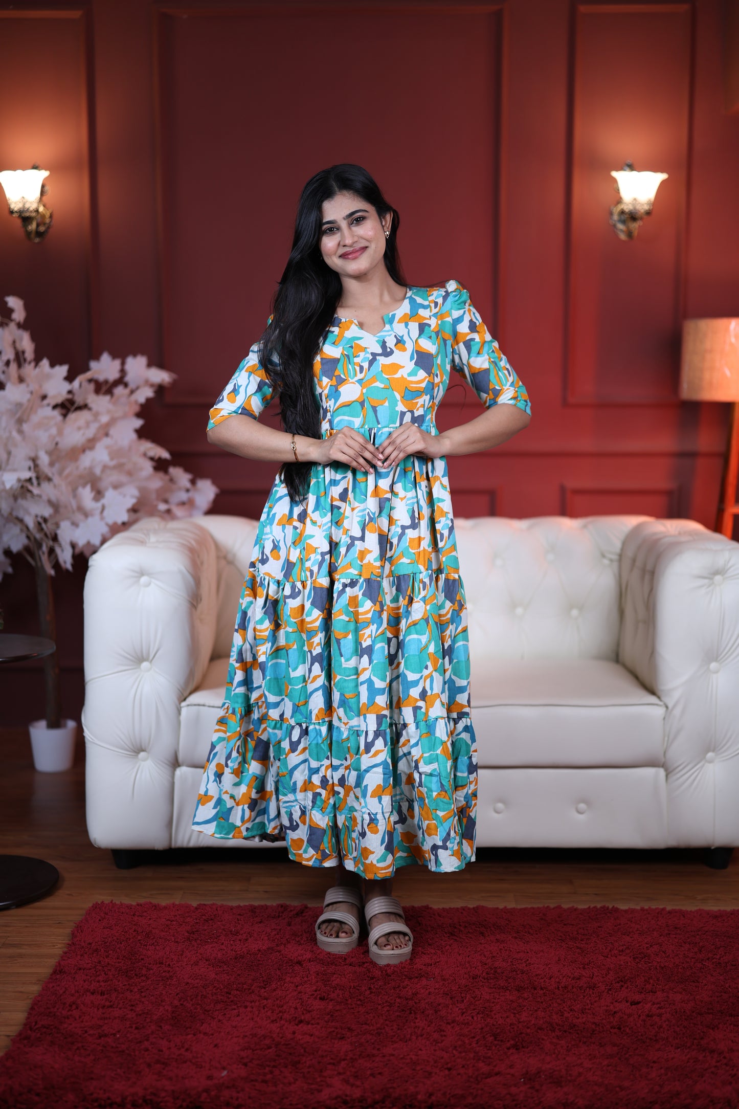 Premium Cotton Printed 3-Tier Maxi Dress | Size M-3XL | Feeding/Non-Feeding