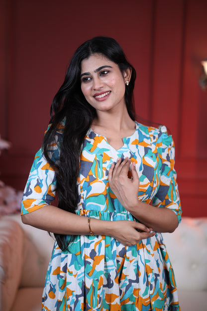 Premium Cotton Printed 3-Tier Maxi Dress | Size M-3XL | Feeding/Non-Feeding