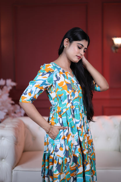 Premium Cotton Printed 3-Tier Maxi Dress | Size M-3XL | Feeding/Non-Feeding
