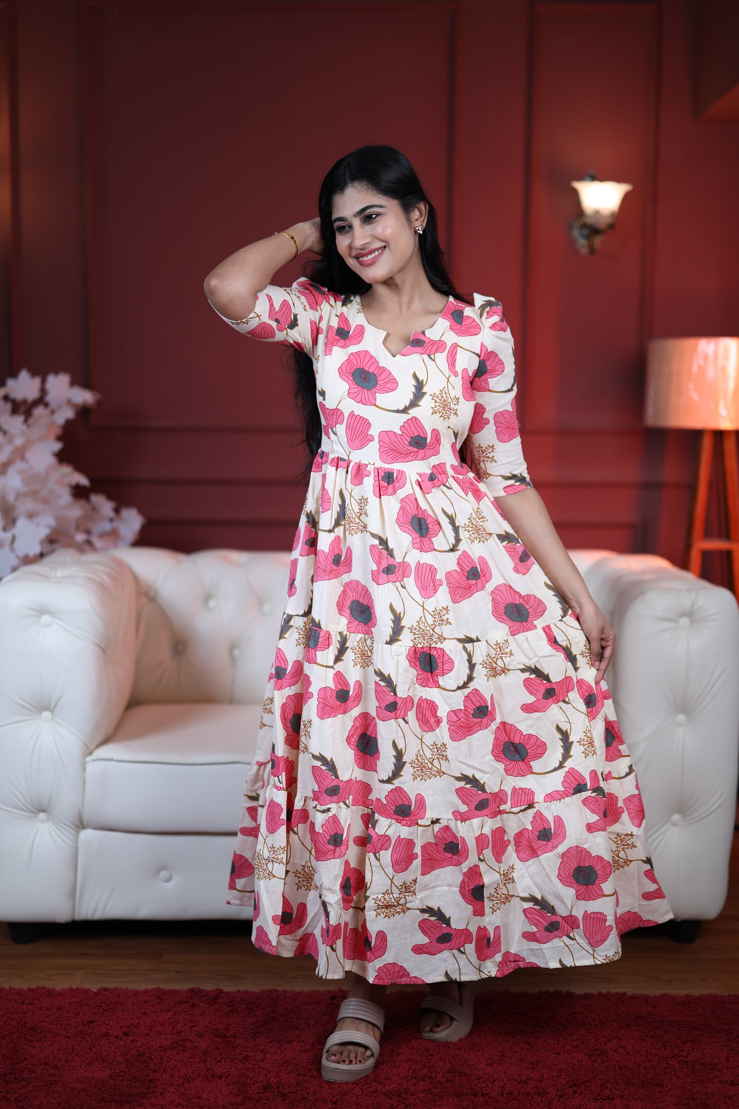 Premium Cotton Printed 3-Tier Maxi Dress | Size M-3XL | Feeding/Non-Feeding