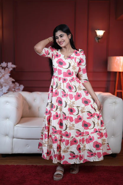 Premium Cotton Printed 3-Tier Maxi Dress | Size M-3XL | Feeding/Non-Feeding