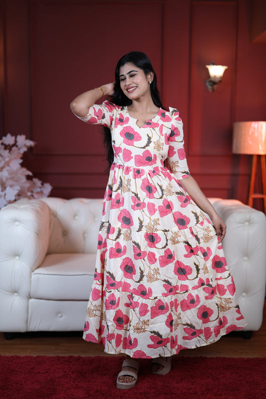 Premium Cotton Printed 3-Tier Maxi Dress | Size M-3XL | Feeding/Non-Feeding