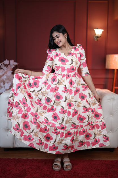 Premium Cotton Printed 3-Tier Maxi Dress | Size M-3XL | Feeding/Non-Feeding