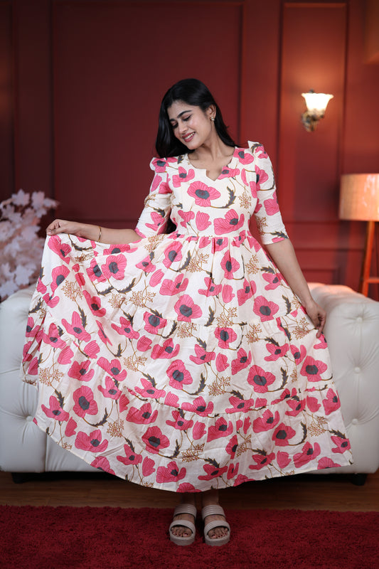 Premium Cotton Printed 3-Tier Maxi Dress | Size M-3XL | Feeding/Non-Feeding