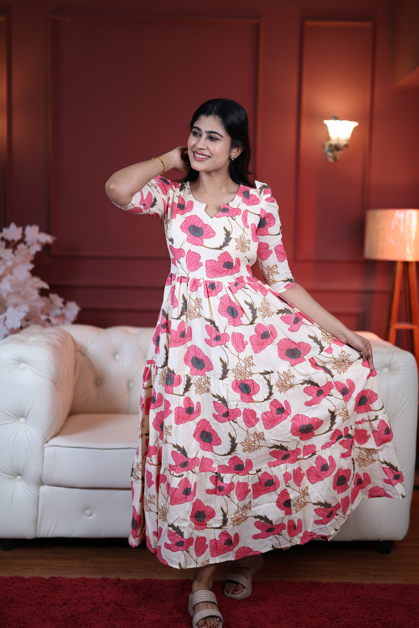 Premium Cotton Printed 3-Tier Maxi Dress | Size M-3XL | Feeding/Non-Feeding