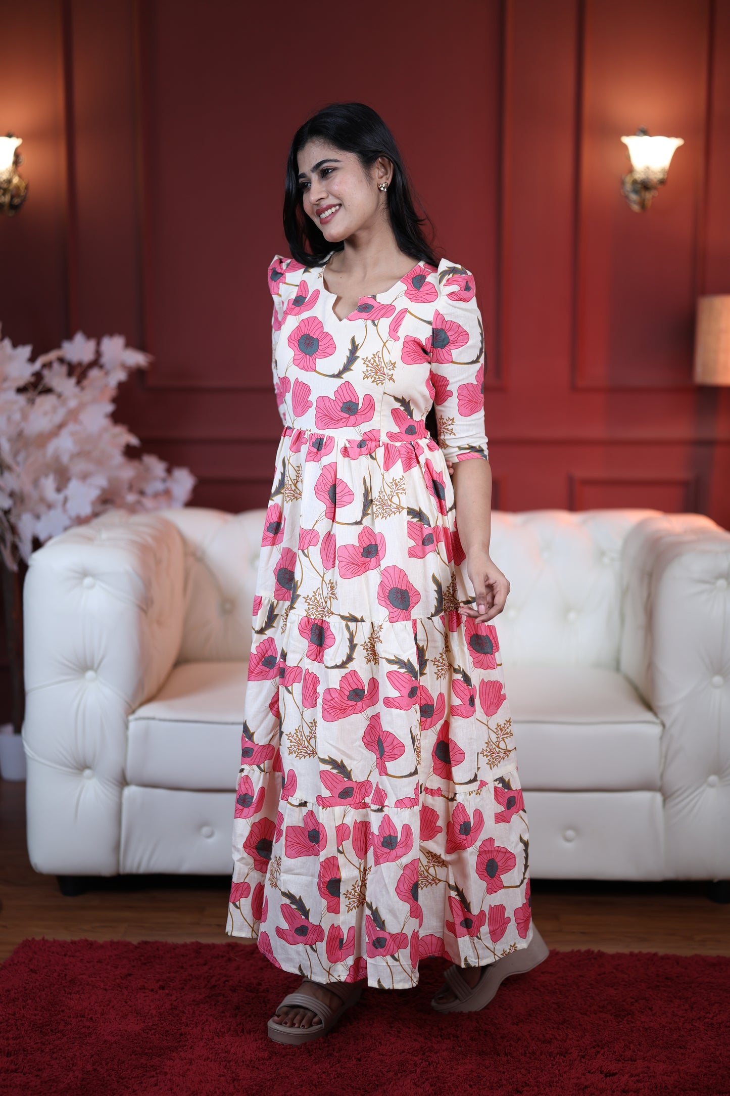 Premium Cotton Printed 3-Tier Maxi Dress | Size M-3XL | Feeding/Non-Feeding
