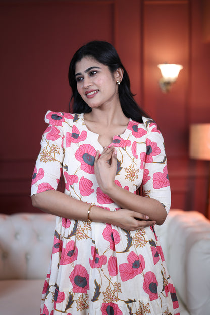 Premium Cotton Printed 3-Tier Maxi Dress | Size M-3XL | Feeding/Non-Feeding