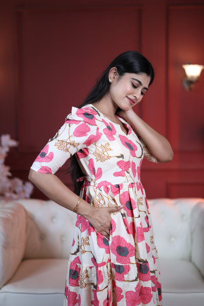 Premium Cotton Printed 3-Tier Maxi Dress | Size M-3XL | Feeding/Non-Feeding