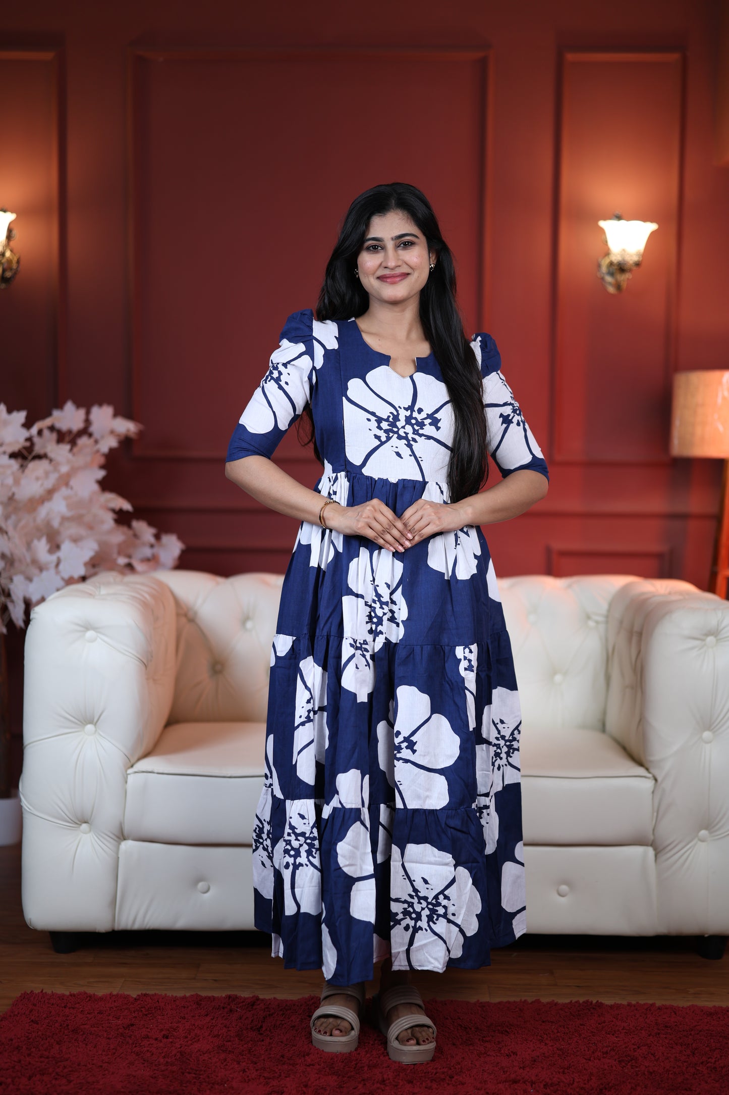 Premium Cotton Printed 3-Tier Maxi Dress | Size M-3XL | Feeding/Non-Feeding