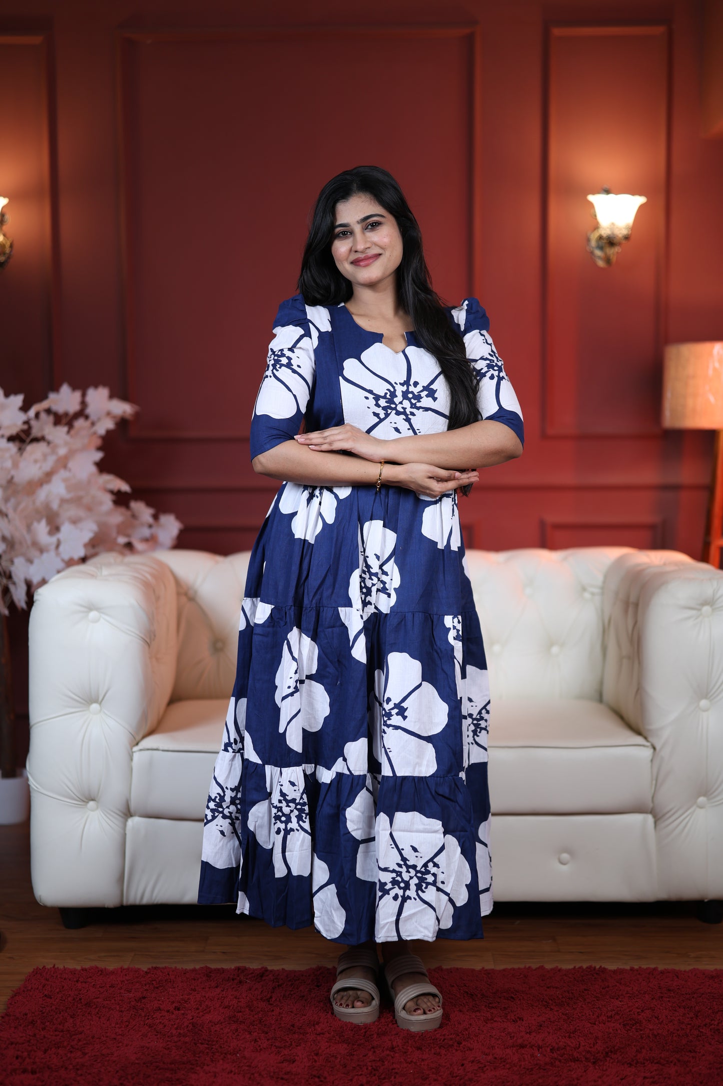Premium Cotton Printed 3-Tier Maxi Dress | Size M-3XL | Feeding/Non-Feeding