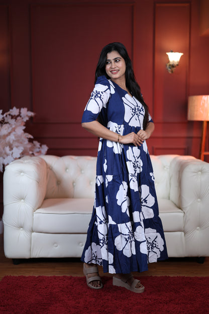 Premium Cotton Printed 3-Tier Maxi Dress | Size M-3XL | Feeding/Non-Feeding