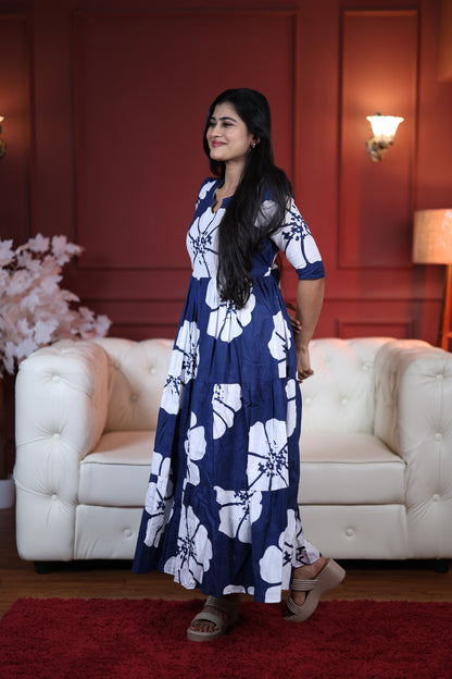 Premium Cotton Printed 3-Tier Maxi Dress | Size M-3XL | Feeding/Non-Feeding