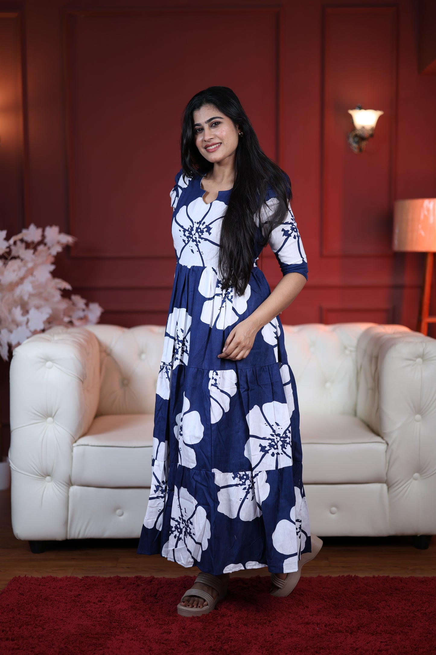 Premium Cotton Printed 3-Tier Maxi Dress | Size M-3XL | Feeding/Non-Feeding
