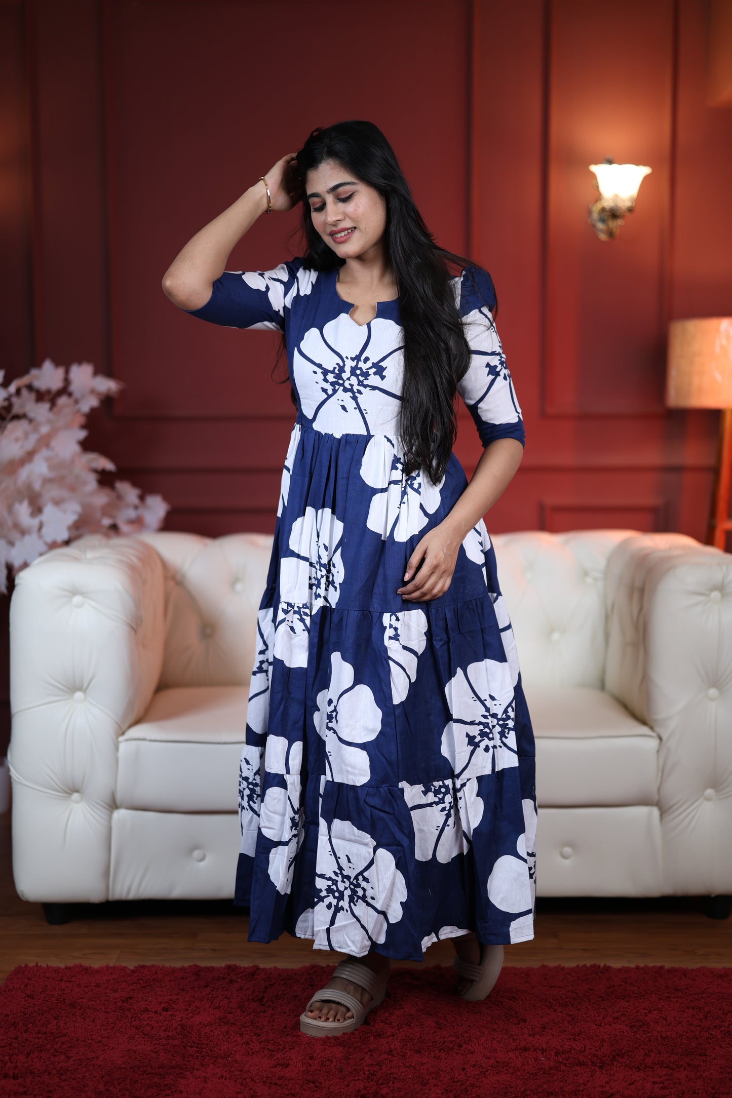 Premium Cotton Printed 3-Tier Maxi Dress | Size M-3XL | Feeding/Non-Feeding
