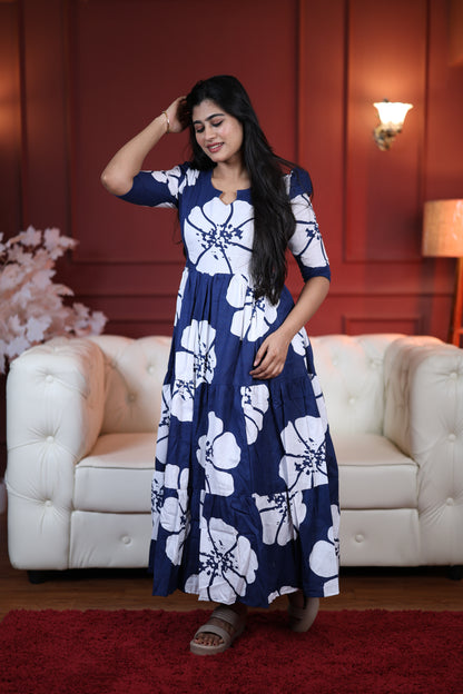 Premium Cotton Printed 3-Tier Maxi Dress | Size M-3XL | Feeding/Non-Feeding