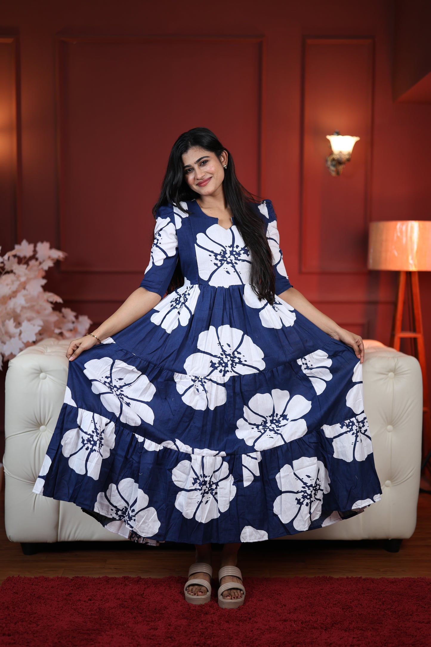 Premium Cotton Printed 3-Tier Maxi Dress | Size M-3XL | Feeding/Non-Feeding