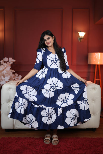 Premium Cotton Printed 3-Tier Maxi Dress | Size M-3XL | Feeding/Non-Feeding