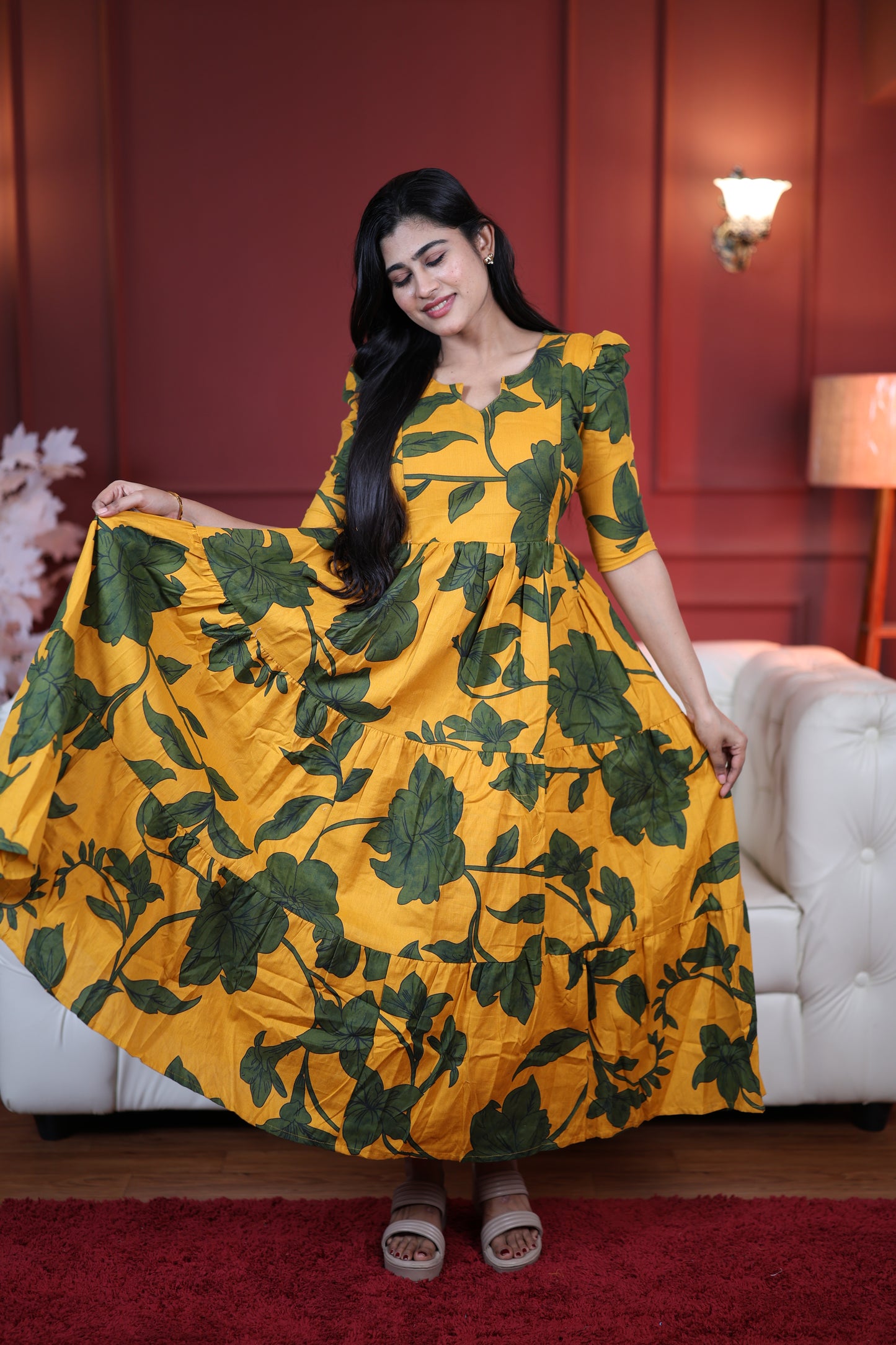 Premium Cotton Printed 3-Tier Maxi Dress | Size M-3XL | Feeding/Non-Feeding