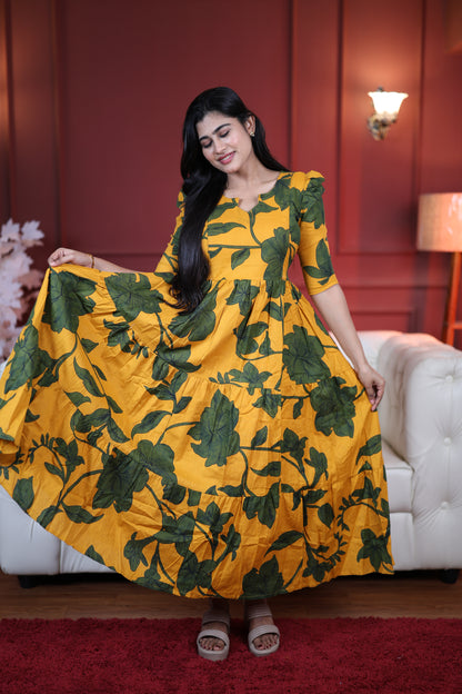 Premium Cotton Printed 3-Tier Maxi Dress | Size M-3XL | Feeding/Non-Feeding