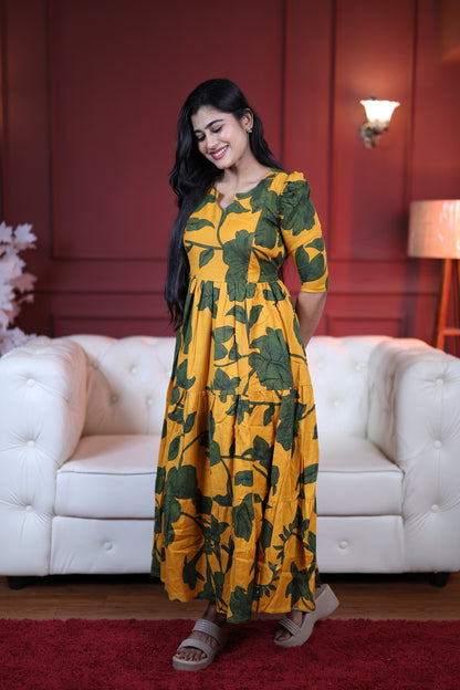 Premium Cotton Printed 3-Tier Maxi Dress | Size M-3XL | Feeding/Non-Feeding