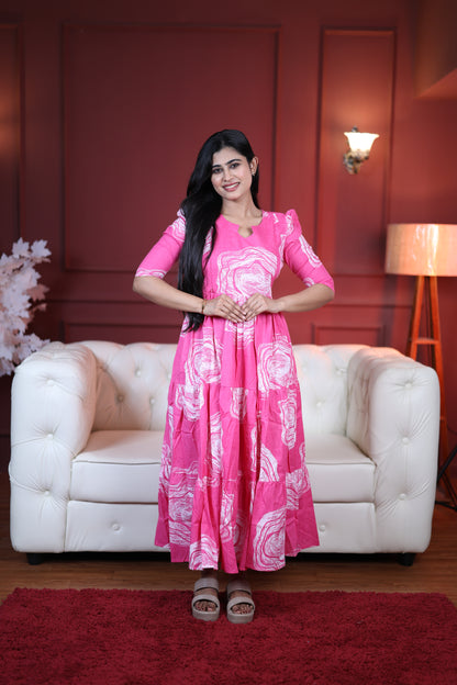 Premium Cotton Printed 3-Tier Maxi Dress | Size M-3XL | Feeding/Non-Feeding