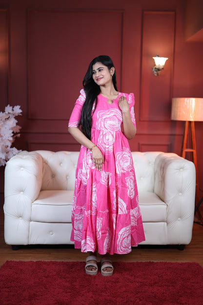 Premium Cotton Printed 3-Tier Maxi Dress | Size M-3XL | Feeding/Non-Feeding