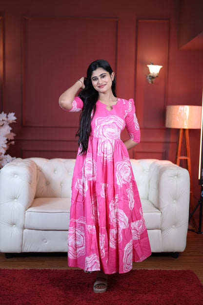Premium Cotton Printed 3-Tier Maxi Dress | Size M-3XL | Feeding/Non-Feeding