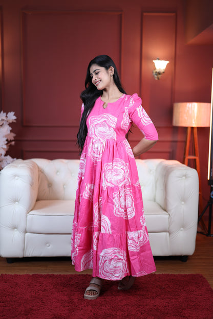 Premium Cotton Printed 3-Tier Maxi Dress | Size M-3XL | Feeding/Non-Feeding