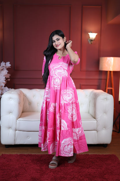 Premium Cotton Printed 3-Tier Maxi Dress | Size M-3XL | Feeding/Non-Feeding