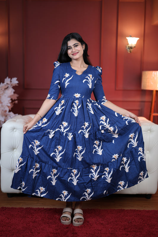 Premium Cotton Printed 3-Tier Maxi Dress | Size M-3XL | Feeding/Non-Feeding