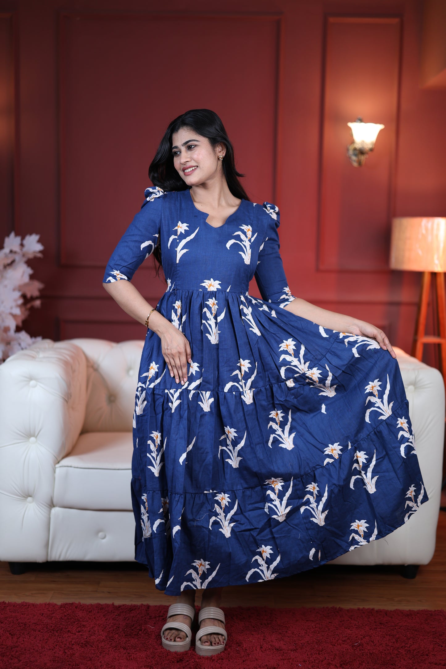 Premium Cotton Printed 3-Tier Maxi Dress | Size M-3XL | Feeding/Non-Feeding