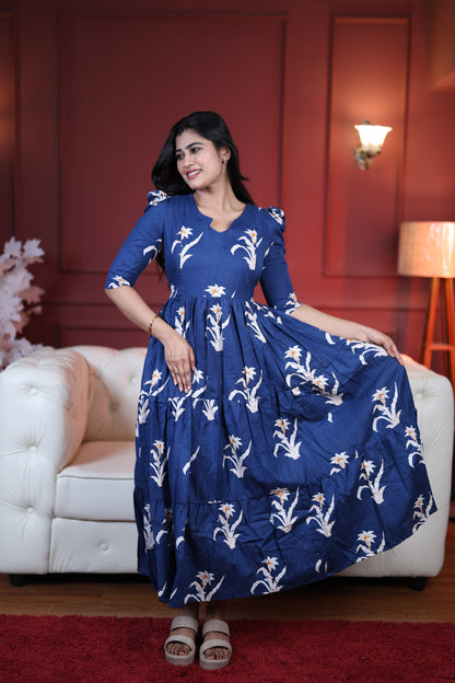Premium Cotton Printed 3-Tier Maxi Dress | Size M-3XL | Feeding/Non-Feeding