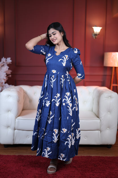 Premium Cotton Printed 3-Tier Maxi Dress | Size M-3XL | Feeding/Non-Feeding
