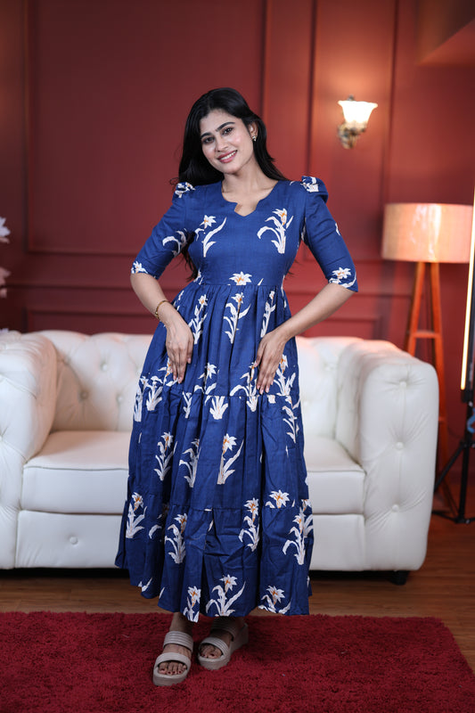 Premium Cotton Printed 3-Tier Maxi Dress | Size M-3XL | Feeding/Non-Feeding
