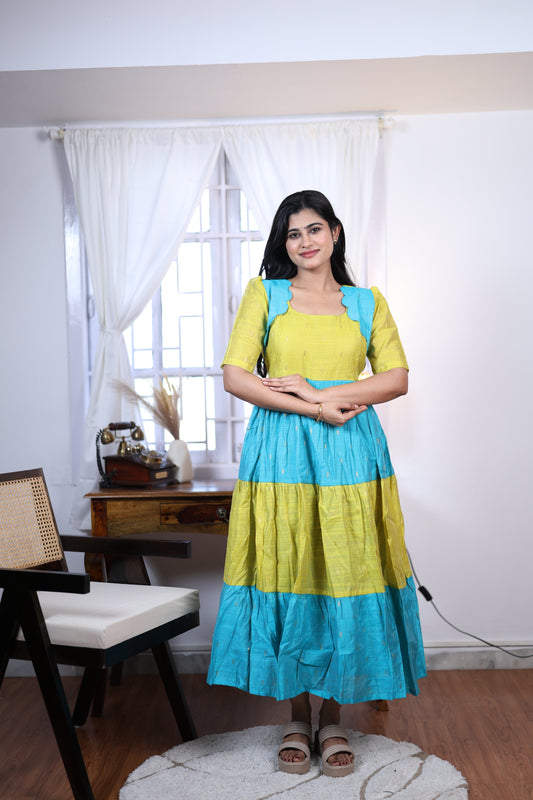 Premium Summer Silk Cotton 3-Tier Maxi Dress | Size M-3XL