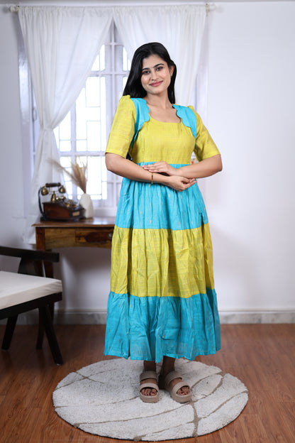 Premium Summer Silk Cotton 3-Tier Maxi Dress | Size M-3XL