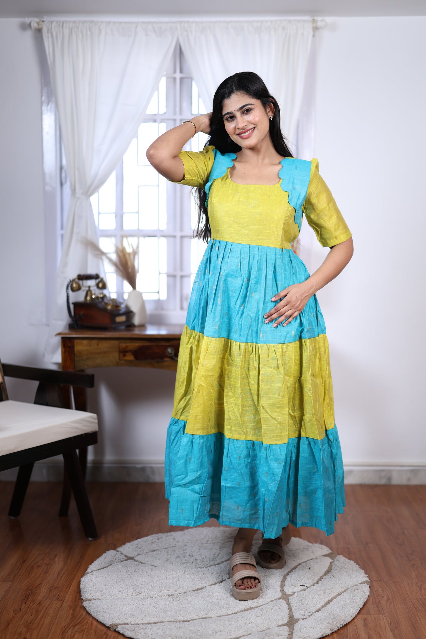 Premium Summer Silk Cotton 3-Tier Maxi Dress | Size M-3XL