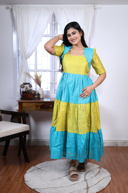 Premium Summer Silk Cotton 3-Tier Maxi Dress | Size M-3XL