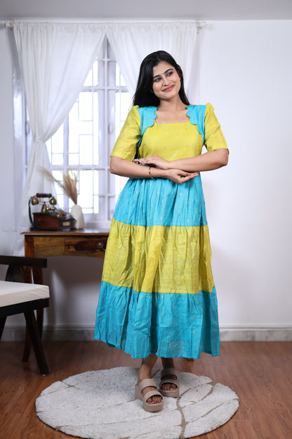 Premium Summer Silk Cotton 3-Tier Maxi Dress | Size M-3XL