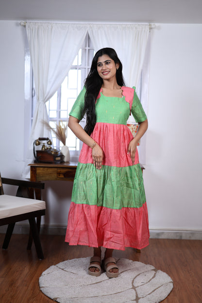Premium Summer Silk Cotton 3-Tier Maxi Dress | Size M-3XL