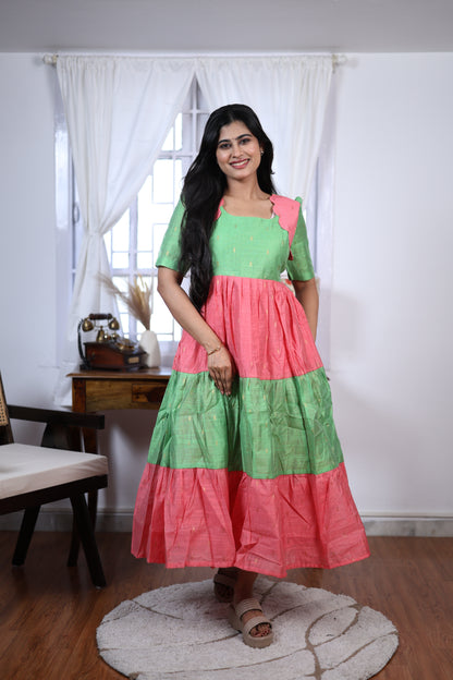 Premium Summer Silk Cotton 3-Tier Maxi Dress | Size M-3XL