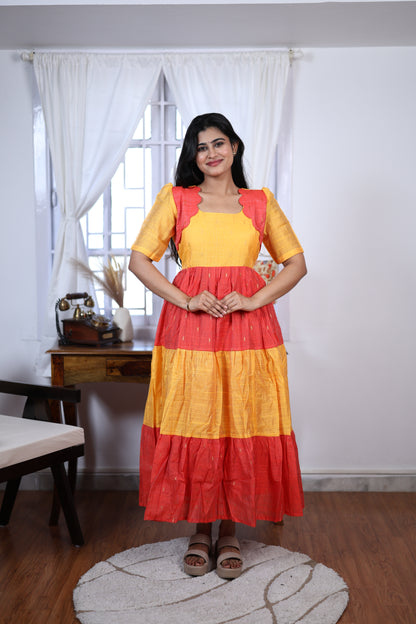 Premium Summer Silk Cotton 3-Tier Maxi Dress | Size M-3XL