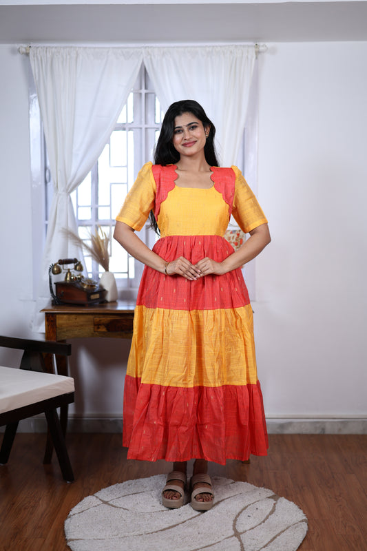 Premium Summer Silk Cotton 3-Tier Maxi Dress | Size M-3XL