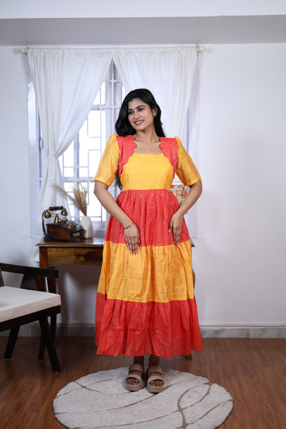 Premium Summer Silk Cotton 3-Tier Maxi Dress | Size M-3XL
