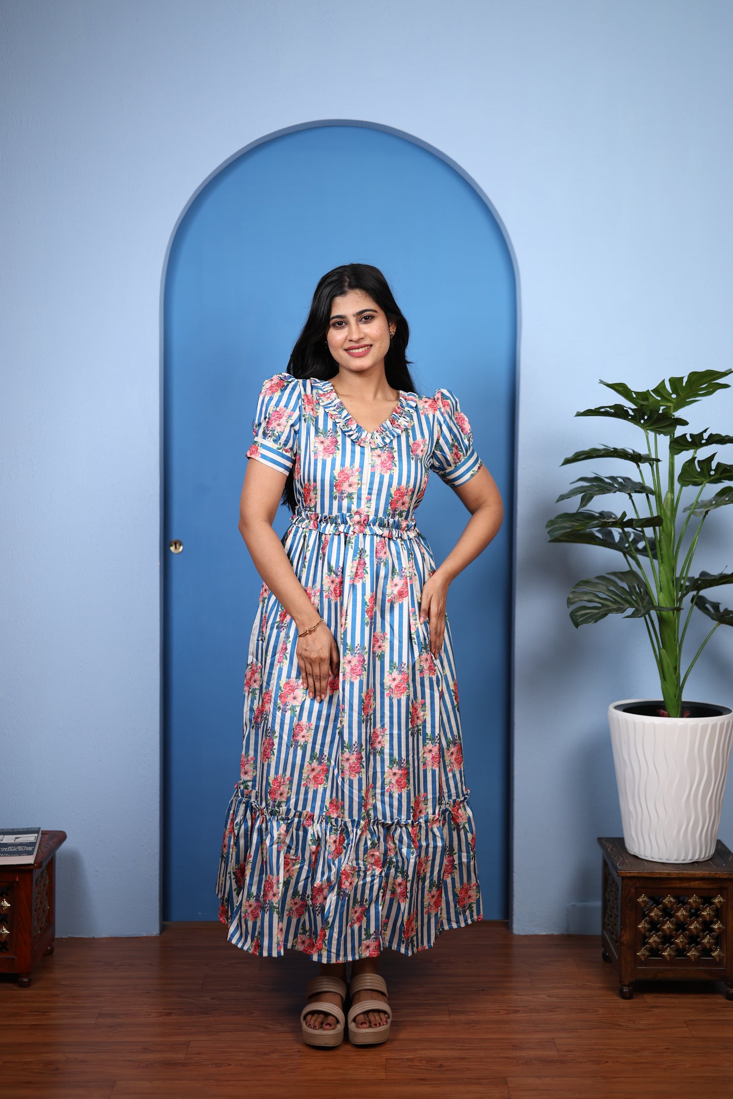 Premium Mul Chanderi Frill Maxi| With Lining | Size M-3XL | Feeding only