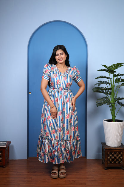 Premium Mul Chanderi Frill Maxi| With Lining | Size M-3XL | Feeding only