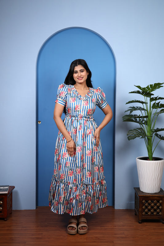 Premium Mul Chanderi Frill Maxi| With Lining | Size M-3XL | Feeding only