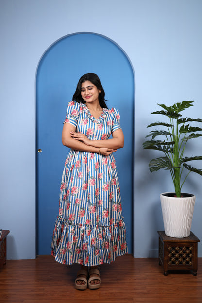 Premium Mul Chanderi Frill Maxi| With Lining | Size M-3XL | Feeding only