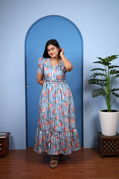 Premium Mul Chanderi Frill Maxi| With Lining | Size M-3XL | Feeding only